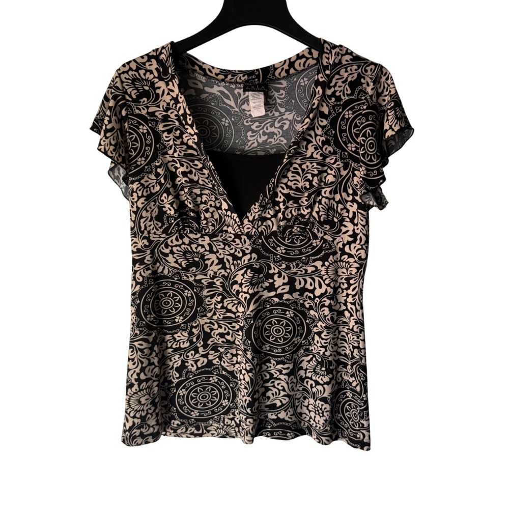 JKLA Y2k California Black Paisley Print V Neck Flutter Slv Top Grunge Whimsigoth